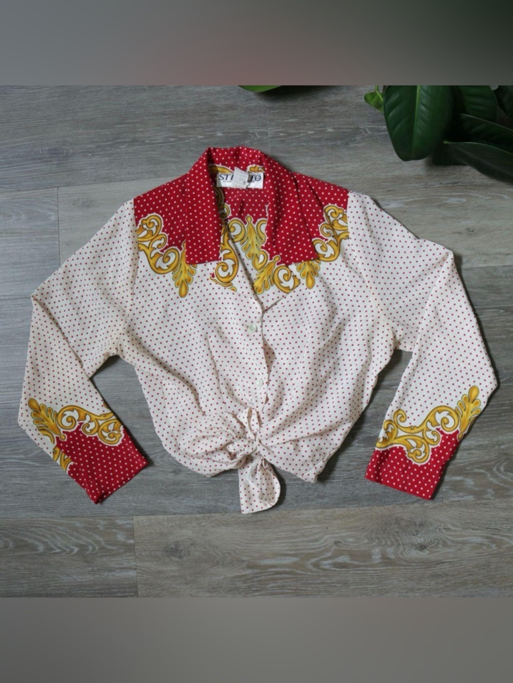 Stilleto 2000 regal red and white polka dot blouse